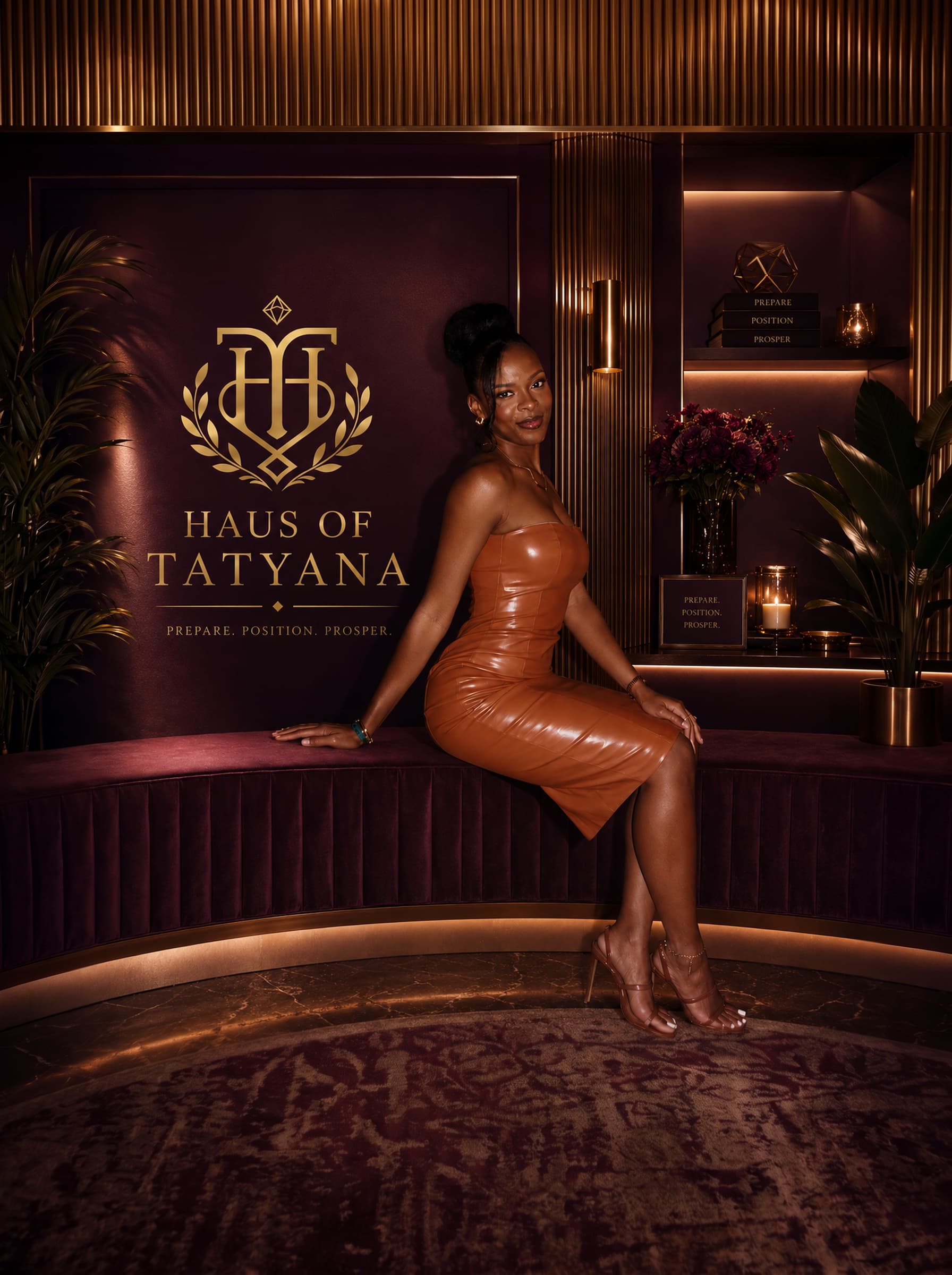 Tatyana Brown seated on a plum velvet banquette beside the gold Haus of Tatyana emblem, in a warmly lit salon.