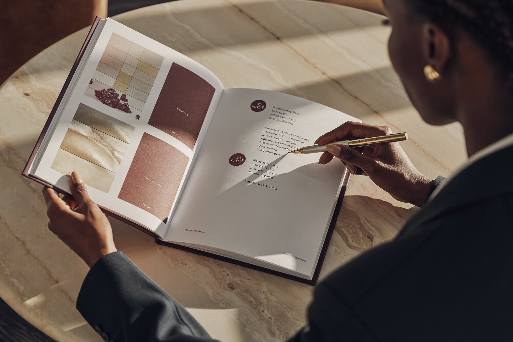 Over the shoulder of a woman in a plum blazer reviewing a printed brand partnership portfolio at a stone table.